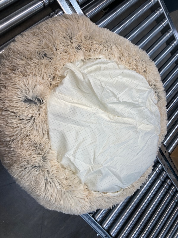 Photo 3 of Furhaven 30" Round Medium Donut Dog Bed Plush Long Faux Fur Calming Cuddler w/ Removable Washable Cover - Taupe, Medium Long Faux Fur (Taupe) Medium Donut Bed