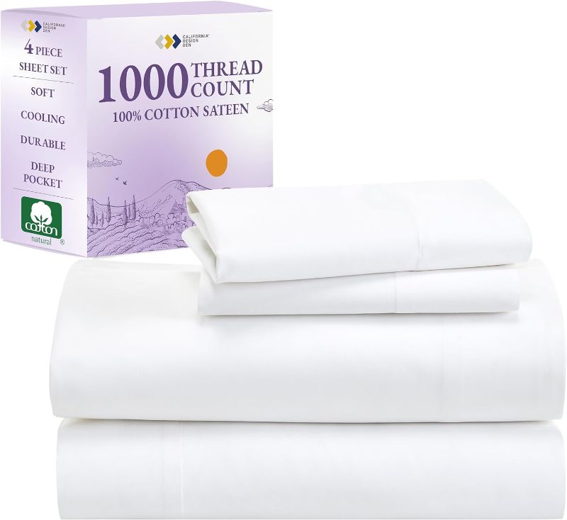 Photo 1 of ***ONLY SHEET INCLUDED*** California Design Den Luxury Queen Size Sheet - 1000 Thread Count, 100% Cotton Sateen,, Includes Soft and Thick Cotton Sheet - Bright White