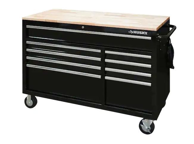 Photo 1 of 52 in. W x 25 in. D Standard Duty 9-Drawer Mobile Workbench Tool Chest with Solid Wood Top in Gloss Black