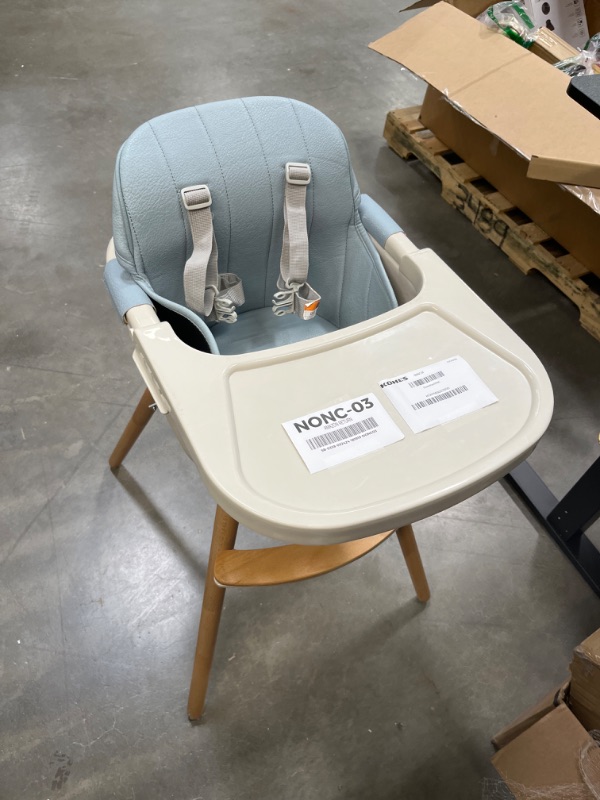 Photo 2 of 3-in-1 Wooden High Chair,Baby High Chair with Adjustable Legs & Dishwasher Safe Tray, Made of Sleek Hardwood & Premium Leatherette, Blue Color Airy Blue