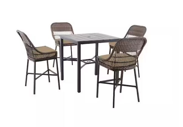 Photo 1 of Beacon Park 5-Piece Brown Wicker Outdoor Patio High Dining Set With Cushionguard Toffee Trellis Tan Cushions