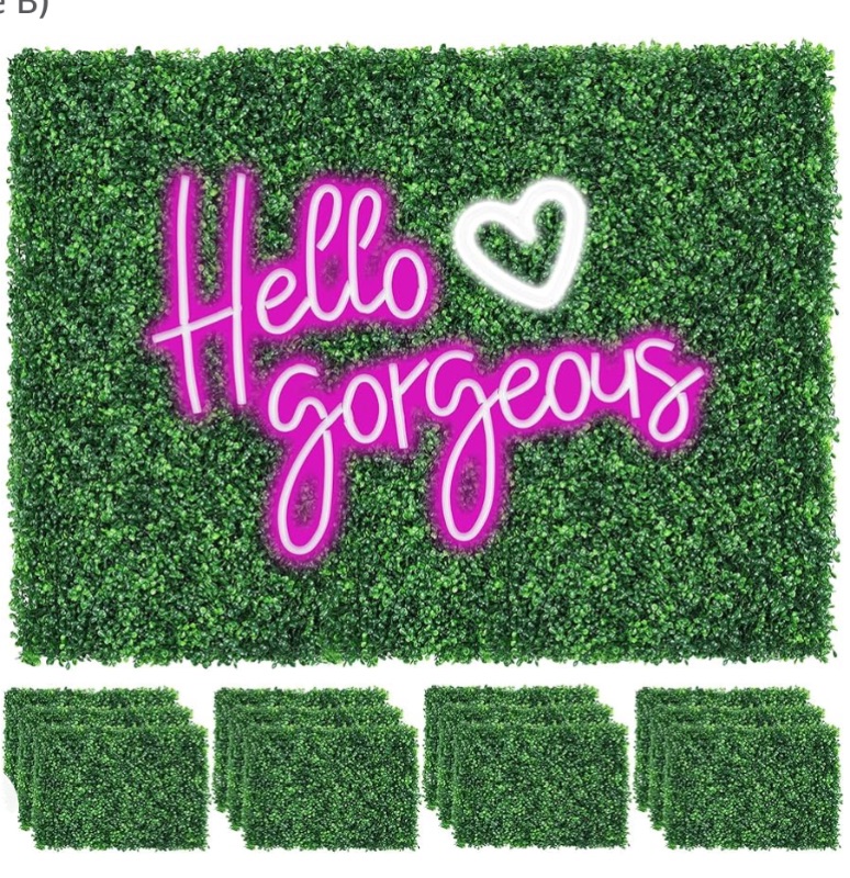 Photo 1 of 12 Pcs 24"x 16" Artificial Grass Wall Panels with Pink Neon Sign Boxwood Hedge Wall Panels for 31 SQ Feet Greenery Backdrop Wall Decor for Outdoor Indoor Garden Fence Backyard (Style C)