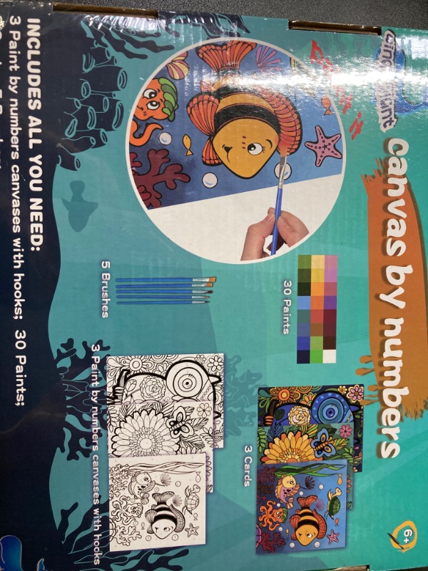 Photo 2 of 3 Pack Paint by Numbers for Kids Ages 8-12, Pre-Printed Acrylic Oil Painting, Includes (8x10, 8x9, 8x8 inch) Framed Canvas with 30 Acrylic Paint Pots, 5 Brushes for Kids, Art Supplies for Kids 9-12 Undersea