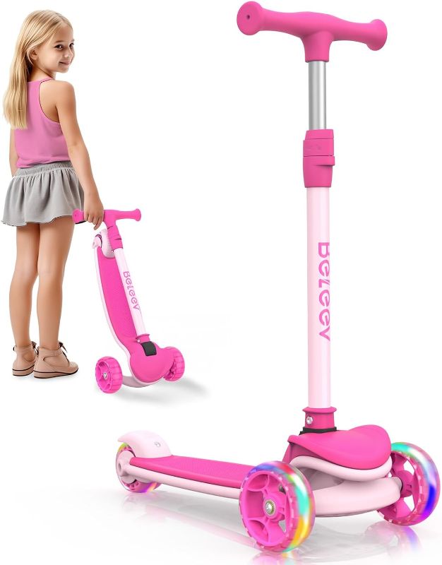 Photo 1 of BELEEV A8 Scooter for Kids Ages 3-12, 3 Wheel Folding Scooter for Toddlers Girls Boys, LED Light-Up Wheels, 4 Adjustable Height, Lean to Steer, Extra Wide Wheels, Three Wheel Kick Scooter for Children