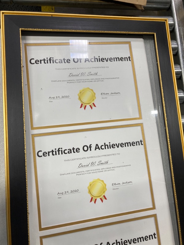 Photo 1 of Space Art Deco, Triple Certificate Frame Double Mat for (3) 8.5x11 Certificates and Diplomas Sawtooth Hangers Wall Mount (Classic Gold, Portrait, Vertical Style, White Over Gold Double Mat) Vertical Classic Gold/Black (White Mat)