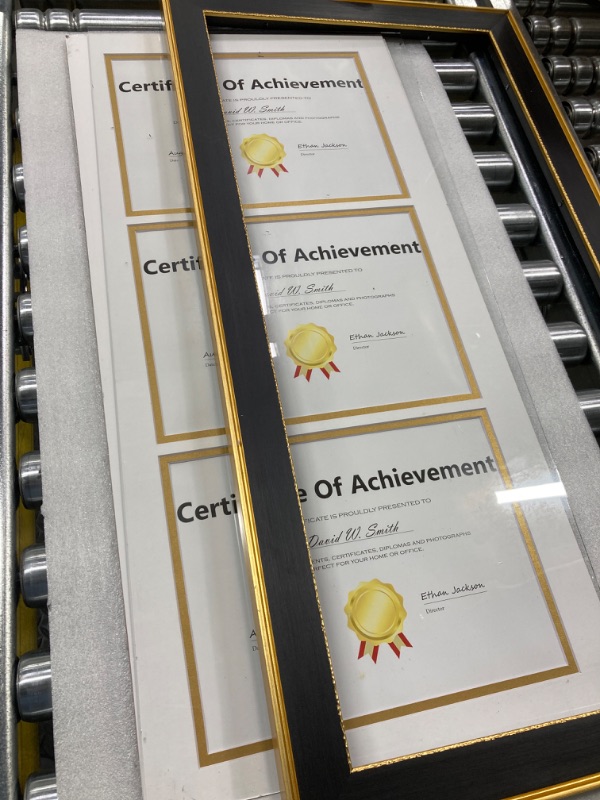 Photo 1 of Space Art Deco, Triple Certificate Frame Double Mat for (3) 8.5x11 Certificates and Diplomas Sawtooth Hangers Wall Mount (Classic Gold, Portrait, Vertical Style, White Over Gold Double Mat) Vertical Classic Gold/Black (White Mat)