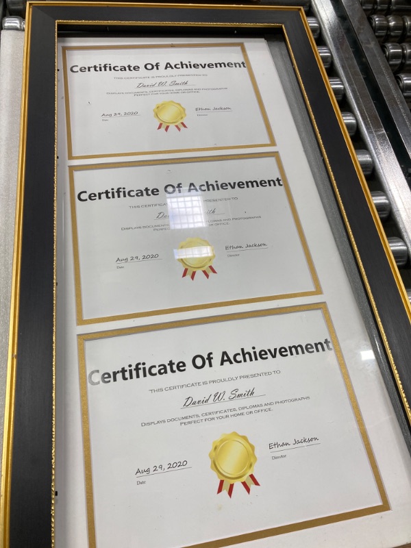 Photo 1 of Space Art Deco, Triple Certificate Frame Double Mat for (3) 8.5x11 Certificates and Diplomas Sawtooth Hangers Wall Mount (Classic Gold, Portrait, Vertical Style, White Over Gold Double Mat) Vertical Classic Gold/Black (White Mat)