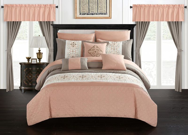 Photo 1 of Chic Home Emily 20 Piece Comforter Set, Color Block Floral Embroidered Bag Bedding-Sheets, Decorative Pillows Shams Included, Queen, Coral
