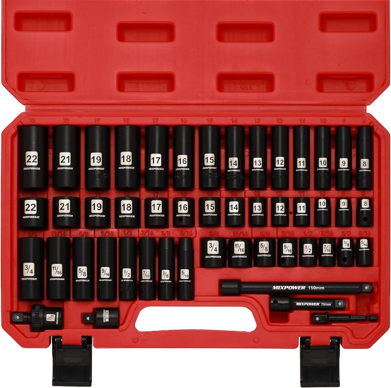 Photo 1 of  3/8" Drive Deep Impact Socket Set, 6 Point, 49 Piece Standard SAE and Metric Sizes-5/16-Inch to 3/4-Inch and 8-22 mm, 3/8'' impact universal joint, Cr-V Steel Mechanic Socket Set