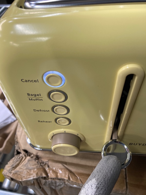 Photo 5 of BUYDEEM DT640 4-Slice Toaster, Extra Wide Slots, Retro Stainless Steel with High Lift Lever, Bagel and Muffin Function, Removal Crumb Tray, 7-Shade Settings (Mellow Yellow)