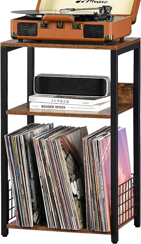 Photo 1 of 3 Tier End Table,Record Player Stand with Storage Up to 100 Albums,Turntable Stand for Vinyl,Brown Records Shelf for Living Room Bedroom