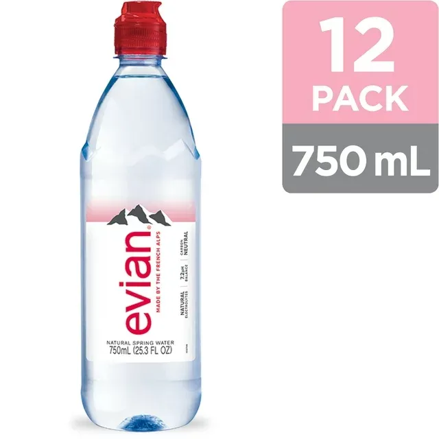 Photo 1 of evian Natural Spring Water Individual 750 mL/25.4 Fl Oz (Pack of 12), Water Bottles with Sports Cap, Naturally Filtered Spring Water in Individual-Sized Bottles