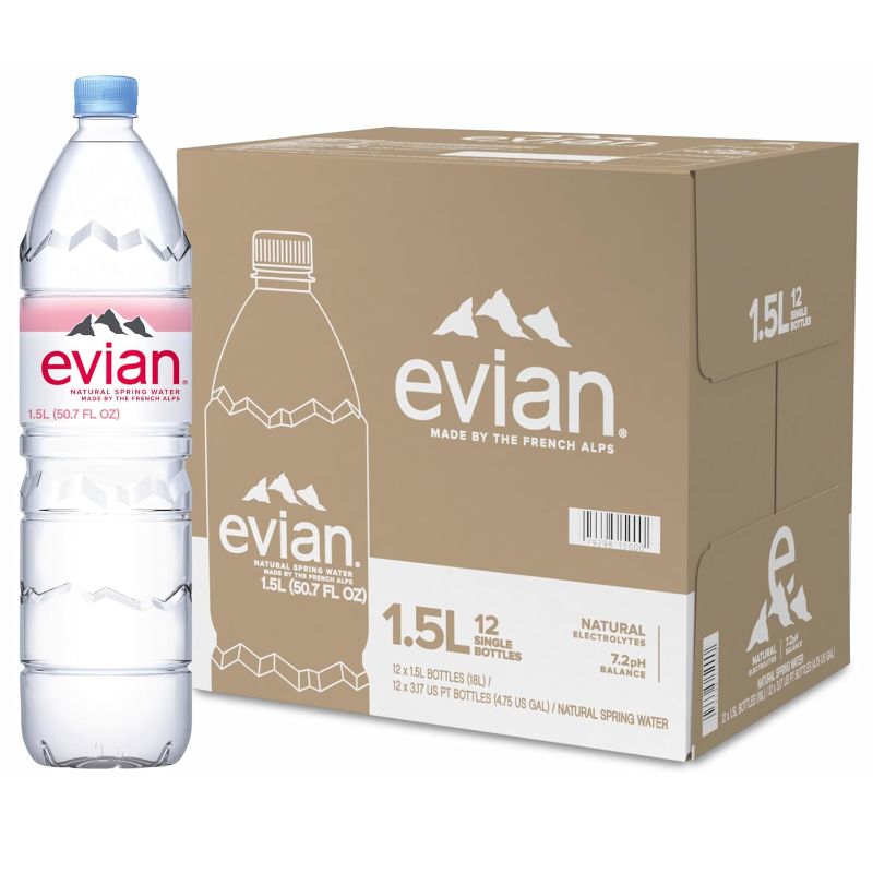 Photo 1 of evian Natural Spring Water, Naturally Filtered Spring Water, Individual Bulk-Size Water Bottles, 50.72 Fl Oz (Pack of 12) 50.7 Fl Oz (Pack of 12)