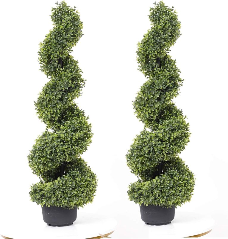 Photo 1 of 59 Inch Artificial Boxwood Topiary Tree Spiral Plants Fake Faux Plant Decor in Plastic Pot Green Indoor or Outdoor, Set of 2