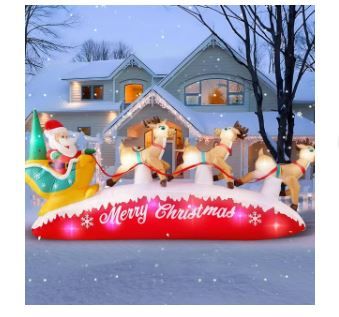 Photo 1 of 10FT Long Christmas Inflatables Santa Claus with Reindeer Sleigh Outdoor Decorations, Build-in Rotating Colorful LEDs Santa Blow up Yard Decoration for Holiday Xmas Party Indoor Lawn Christmas Eve