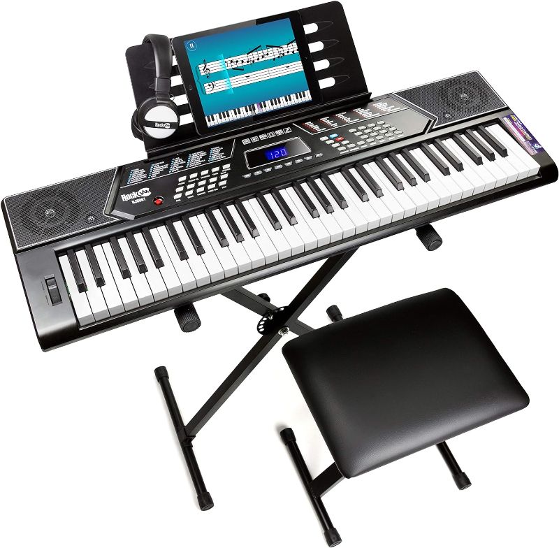 Photo 1 of RockJam 61 Key Keyboard Piano Stand With Pitch Bend Kit, Piano Bench, Headphones, Simply Piano App & Keynote Stickers