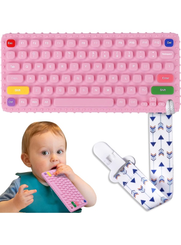 Photo 1 of Silicone Teething Toys for Babies 6-12 Months, Keyboard Shape Teething Toys for Infant Toddlers, Baby Molar Teether Chew Toys Set, Relief Soothe Babies Gums Newborn Gift-Light Pink