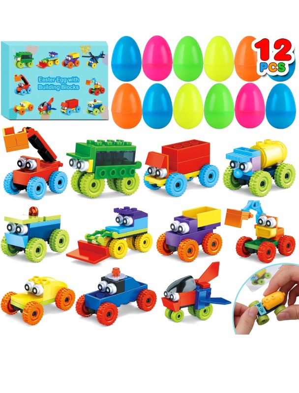 Photo 1 of 12 Pack Easter Eggs with Car Building Blocks Toys, Prefilled Easter Basket Stuffers Mini Building Block Transporter Building Set for Kids Classroom Prize Party Favors Goodie Bags Fillers