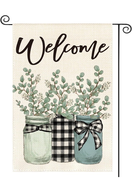 Photo 1 of AVOIN colorlife Eucalyptus Mason Jar Spring Summer Garden Flag 12x18 Inch Double Sided Outside, Buffalo Plaid Welcome Yard Outdoor Flag