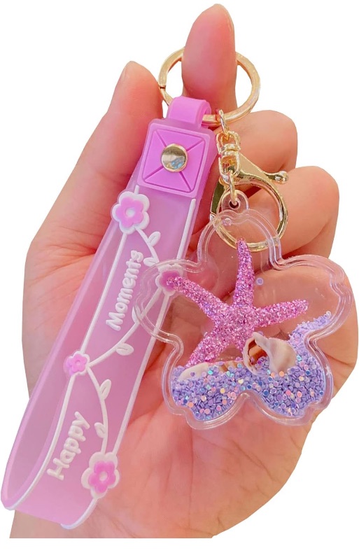 Photo 1 of Cute Kawaii Floating Sea Animals Dolphin Flower Design Backpack Car Key Pendant Kids Girls Women Handbag Wallet Clear Acrylic Glitter Liquid Keychain Purple