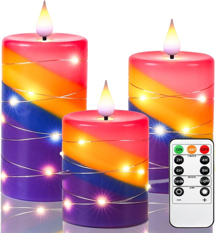 Photo 1 of 
Rainbow LED flameless Candle, Battery-Powered Embedded Starlight String, Remote Control and 24-Hour Timer Function, Dancing Flame, Real Wax (Rainbow Color)