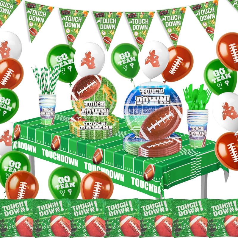 Photo 1 of  84PCS Football Party Decorations Serve 24 Football Party Supplies Kit - Dinner Plates Touchdown Tablecloth Tableware Napkins Cups Banner Balloons for Football Birthday Decorations Theme Gameday