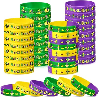 Photo 1 of Mardi Gras Party Favor Silicone Bracelet Mardi Gras Wristband Mardi Gras Carnival Bracelet Set Mardi Gras Rubber Band Bracelet for Mardi Gras Party Decoration Goodie Bag Stuffer Filler Supply 2 Pack (160)