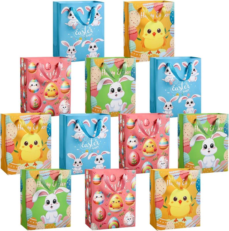 Photo 1 of GonLei 11" Easter Gift Bags for Kids,12Pcs Easter Basket Tote Bags Bunny Rabbit Eggs Chick, Easter Bags With Handles Easter Egg Hunts Spring Parties