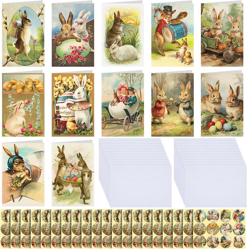 Photo 1 of 240 Sets Easter Cards with Envelopes and Stickers Vintage Happy Holiday Cards Cute Season Greetings Cards 12 Designs, 6 x 4 Inch Happy Easter Notes for Easter Gift