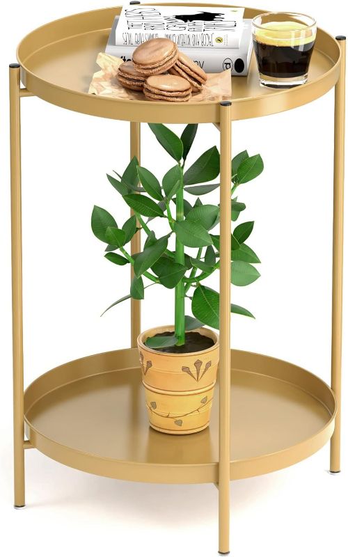 Photo 1 of OVICAR Gold Side Table - 2 Tier Metal Round End Table Coffee Table Small Sofa Side Table Outdoor Indoor Accent Table Nightstand Waterproof Removable Tray Table for Living Room Bedroom Balcony