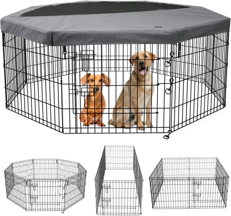 Photo 1 of PETIME Foldable Metal Dog Exercise Pen / Pet Puppy Playpen Kennels Yard Fence Indoor/Outdoor 8 Panel 24 Inch with Top Cover/Bottom Pad With top cover 8 Panels 24"H