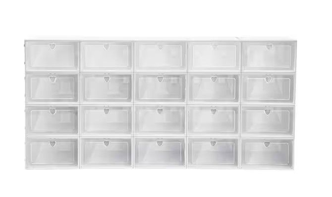 Photo 1 of 20-Pair White Plastic Stackable Drop Front Shoe Boxes with Lid