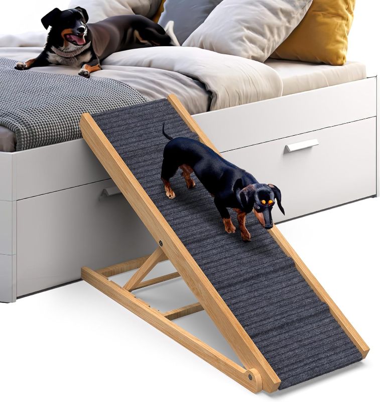 Photo 1 of  PATHOSIO PETS Dog Ramp for Bed Small Dog to Large Dog - Portable Ramp for Dogs, Folding Dog Ramp for All Breeds - Adjustable Wooden Dog Ramp for Couch or Sofa (Natural Wood-Grey Carpet,Medium)