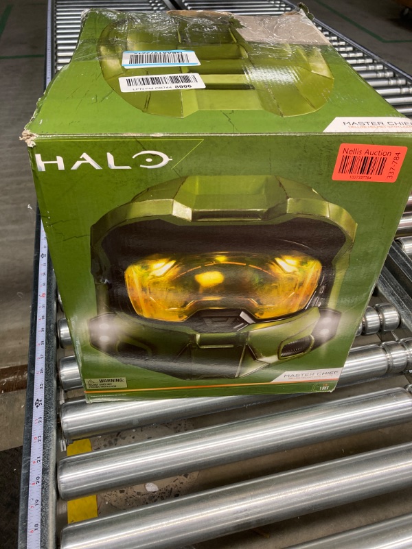 Photo 4 of HALO Master Chief Deluxe Helmet with Stand - LED Lights on Each Side - Battle Damaged Paint - One Size Fits Most - Build Your Halo Universe, Green