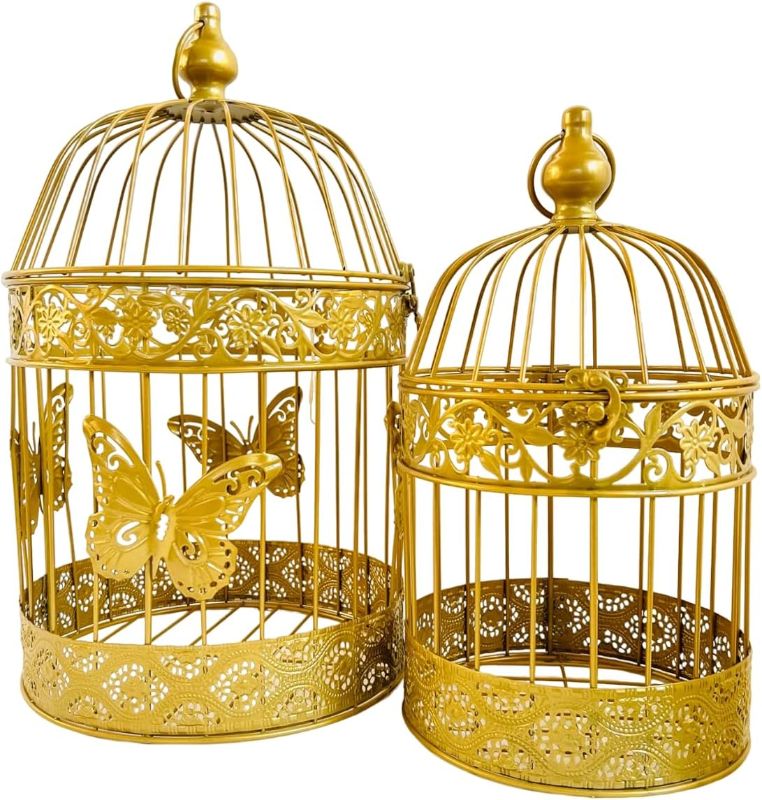 Photo 1 of Hadaaya's Set of 2 Gold Round Metal Birdcage Lantern, Decorative Candle Holder, Wedding Card Holder, Decorative Table Centerpiece for Valentine, Wedding, Indoor/Outdoor Party Event (Gold)