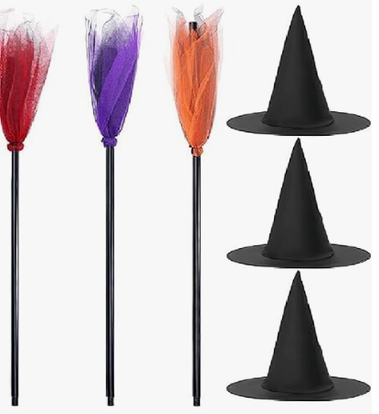 Photo 1 of 6 Pieces Halloween Witch Broom Set, 3 Pack Halloween Witch Brooms and 3 Pack Halloween Witch Hats Kids Broom Props Cap Flying Broomstick for Halloween Costume Cosplay Party Decoration