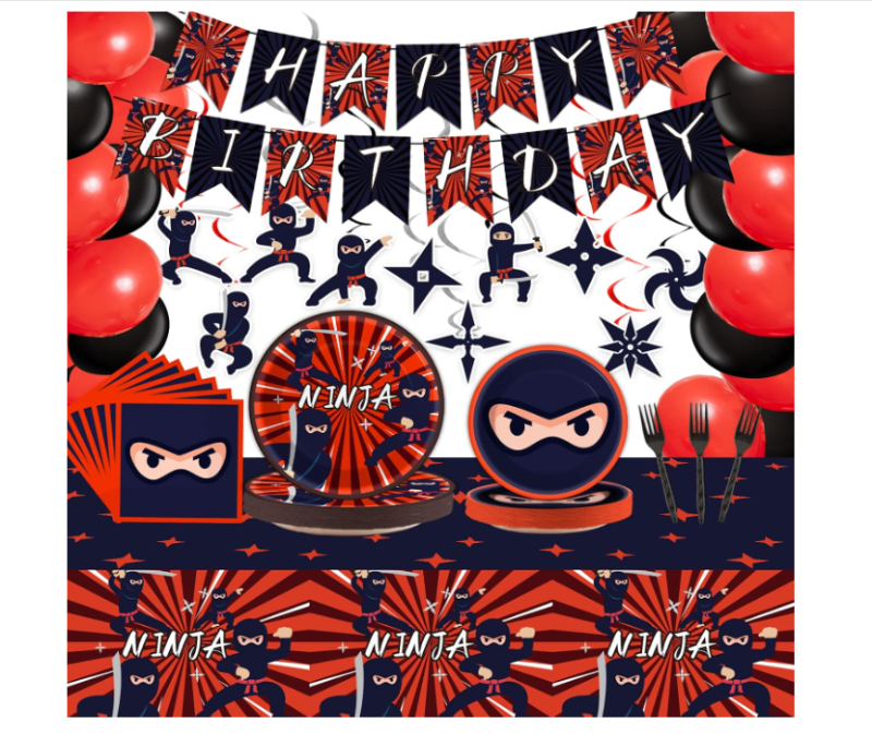 Photo 1 of 162 Pcs Ninja Birthday Party Decoration Set Ninja Warrior Party Supplies Kit Includes Ninja Master Tableware Tablecloth Hanging Banners Foil Swirls Cutouts Balloons for Karate Party Favors