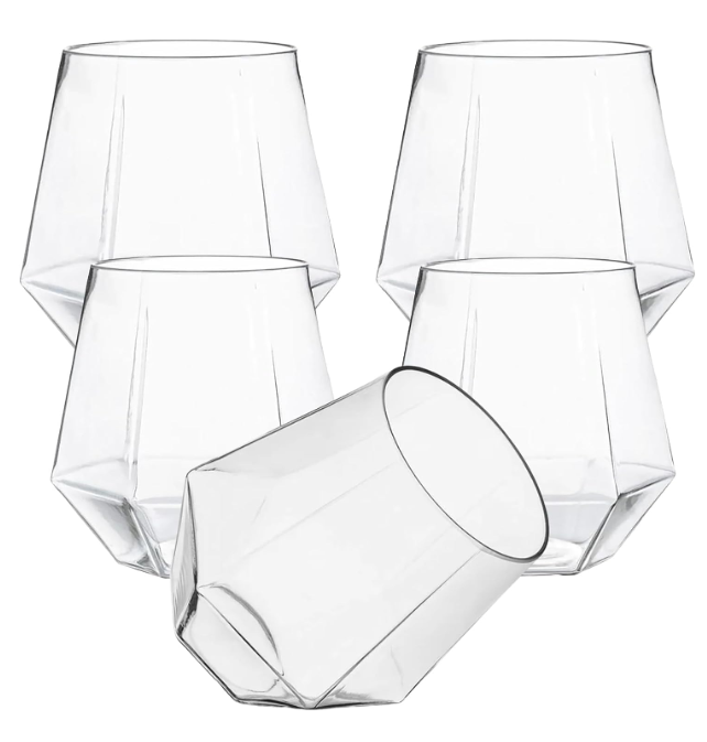 Photo 1 of 24 count Diamond Unbreakable Stemless Plastic Wine Champagne Glasses Disposable Shatterproof BPA-Free Wine Glasses Indoor Outdoor Ideal for Home Office Bars, Wedding 12 Ounce Cup (Clear)