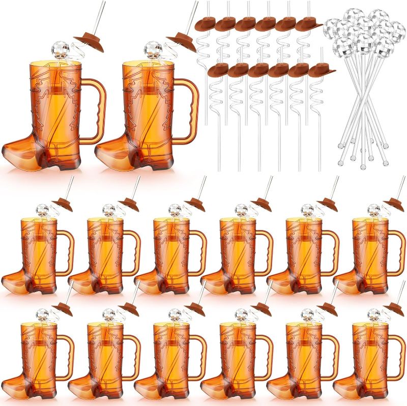 Photo 1 of 36 Sets 17 oz Cowboy Cowgirl Boot Mug Cups Including 12 Brown Cowboy Drink Mugs 12 Cowboy Hat Straws 12 Mirror Disco Ball Stirrers for Western Theme Bachelorette Birthday Party Favors (Brown)