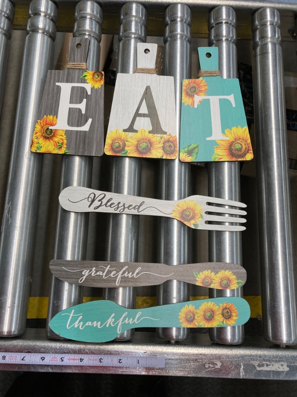 Photo 2 of 6 Pieces Sunflower Kitchen Decor Eat Signs Fork and Spoon Wall Decor Cutting Board Eat Sign Set Rustic Primitive Country Farmhouse Kitchen Decor for Kitchen Home Decoration (Blue)