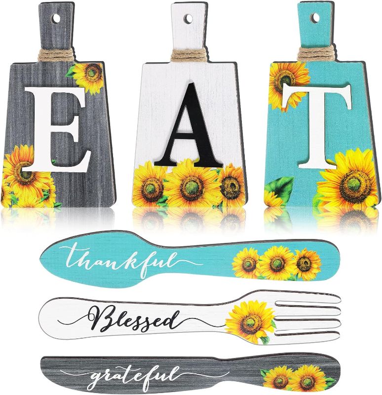 Photo 1 of 6 Pieces Sunflower Kitchen Decor Eat Signs Fork and Spoon Wall Decor Cutting Board Eat Sign Set Rustic Primitive Country Farmhouse Kitchen Decor for Kitchen Home Decoration (Blue)