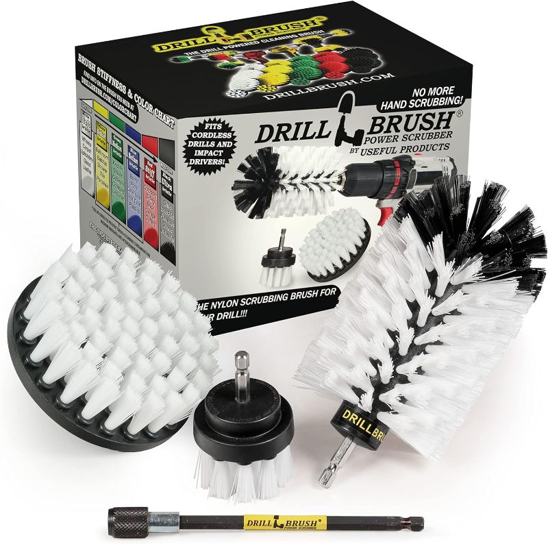 Photo 1 of ***DRILL NOT INCLUDED*** Drill Brush Power Scrubber by Useful Products – Drill brush Soft White Automotive Cleaning kit with Extended Reach Attachment – Drill Bit Extension Carpet Cleaner Solution – Car Interior Brush Set