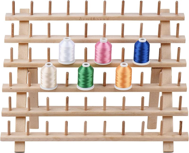 Photo 1 of 60 Spools Wooden Thread Holder, Thread Rack Organizer Stand with Hanging Hooks for Embroidery Sewing Hair Braiding