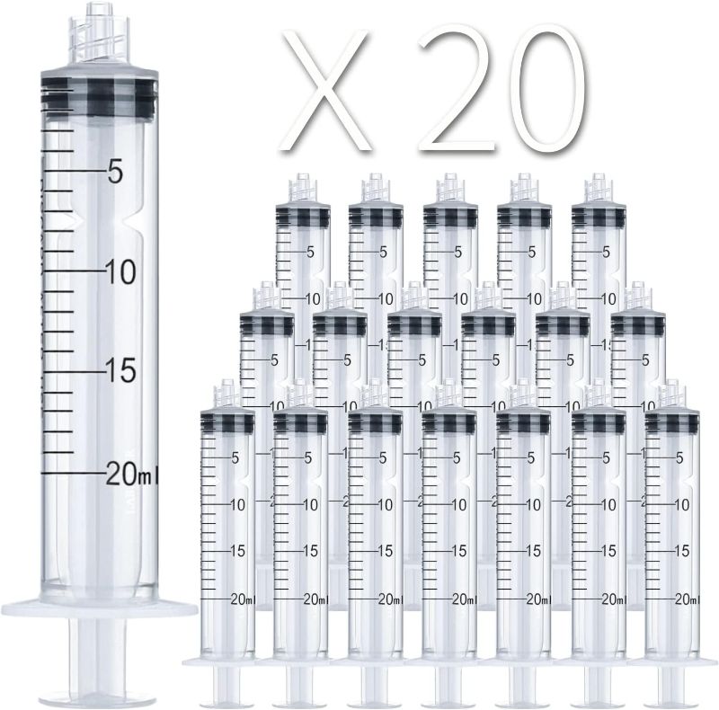 Photo 1 of 20ml Luer Lock Syringe 20-Pack Plastic 20ml Syringes with Luer Lock Tip, Individually Sterile Sealed, No Needle (20ML, 20.00)