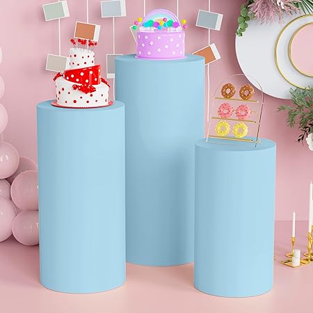 Photo 1 of Anmakou Spandex Cylinder Pedestal Covers Dusty Blue Set of 3 Cylinder Plinth Stand Cover for Parties Wedding Pillars Baby Shower Dessert Tables Birthday Party Event Decor Covers-Dusty Blue