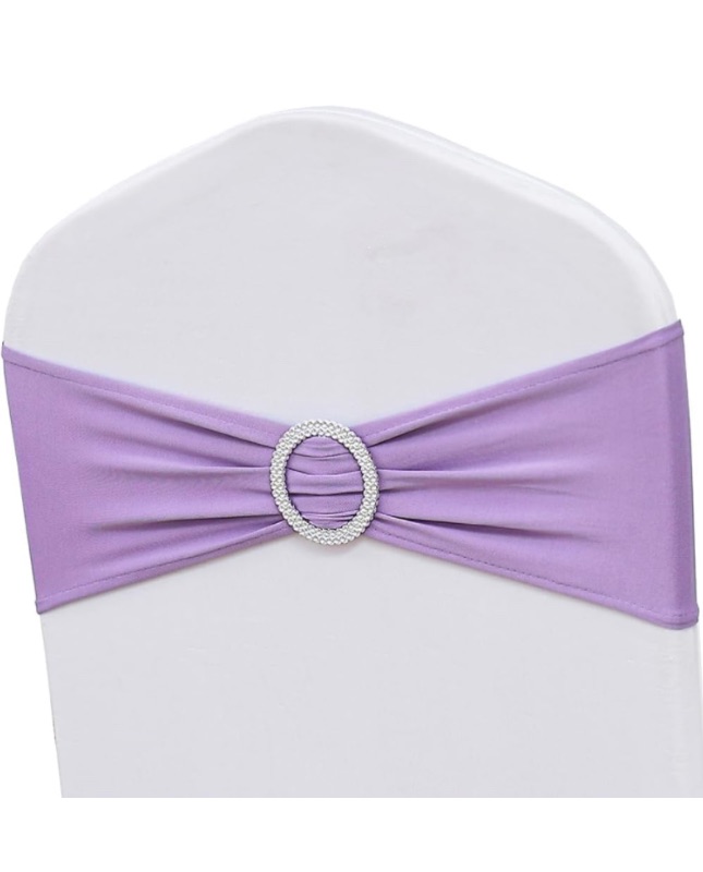 Photo 1 of 50 PCS Spandex Lilac Chair Sashes for Wedding Stretch Chair Bands with Buckles Universal Elastic Chair Ties Bows for Party Folding Chairs Celebration Ceremony Events Decorations