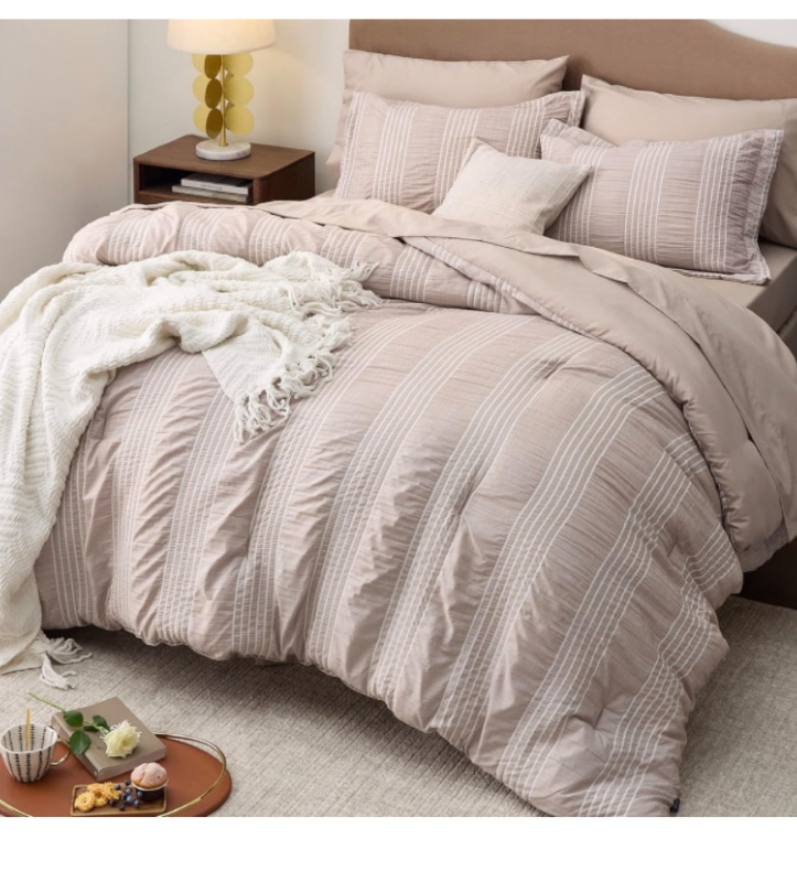 Photo 1 of Bedsure Full Size Stripe Seersucker Comforter Set, Warm Taupe, 7 Pieces
