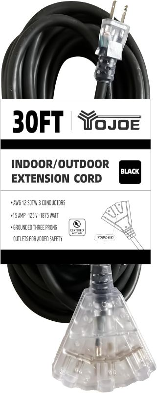 Photo 1 of 30 Foot Black Extension Cord, Lighted Outdoor 12/3 Cord with 3 Power Outlets, 12 Gauge 3 Prong SJTW Heavy Duty Extension Cable with 3 Prong Grounded Plug for Safety, UL Listed