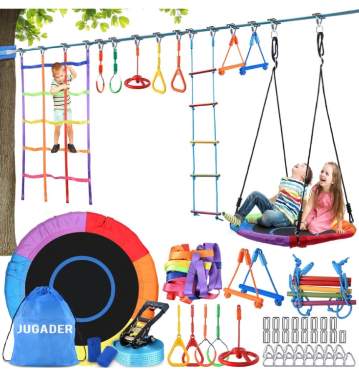 Photo 1 of Jugader 50FT Ninja Warrior Obstacle Course for Kids with Saucer Swing, Colorful Net, Climbing Ladder, Ninja Wheel, Monkey Bars, Gym Rings