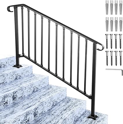 Photo 1 of *STOCK PHOTO FOR REFERENCE* Step Handrail Fit for 4 or 5 Steps Wrought Iron Handrail for Outdoor Steps Matte Black Stair Railings with Installation Kit